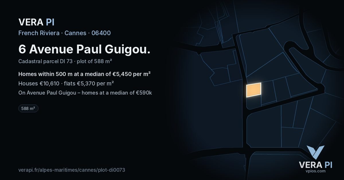 6 Avenue Paul Guigou, Cannes at night – the plot lit, the parcels around coloured by the prices near them
