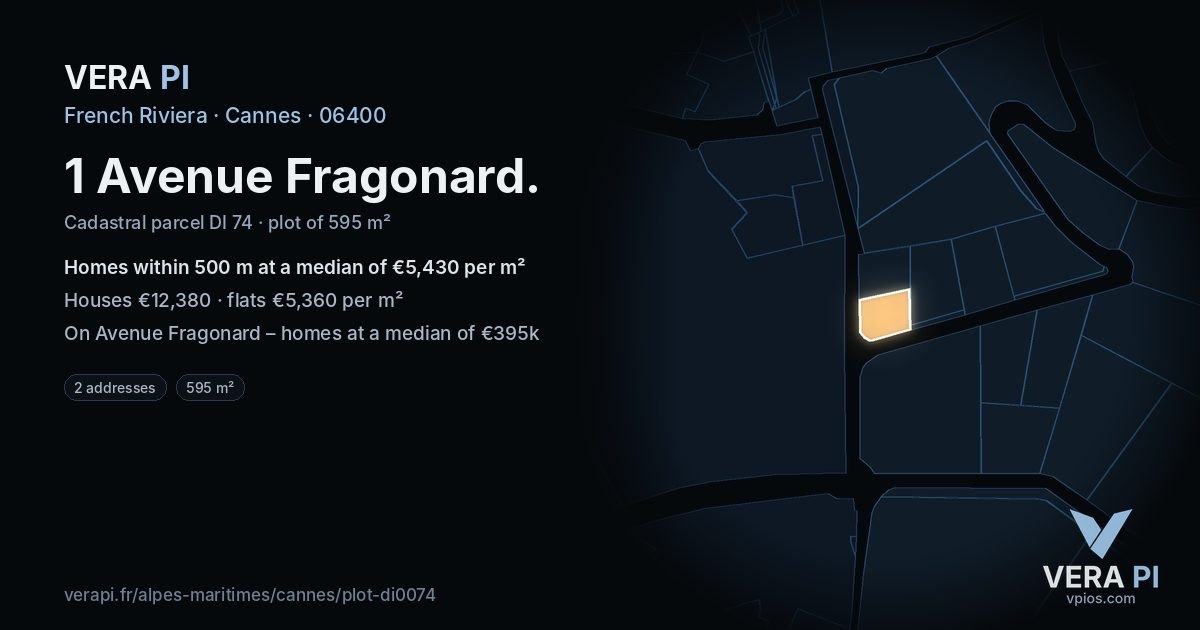 1 Avenue Fragonard, Cannes at night – the plot lit, the parcels around coloured by the prices near them