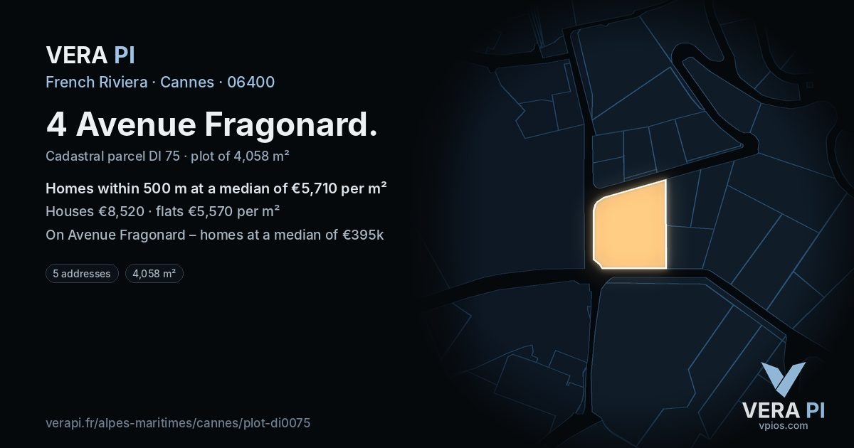 4 Avenue Fragonard, Cannes at night – the plot lit, the parcels around coloured by the prices near them