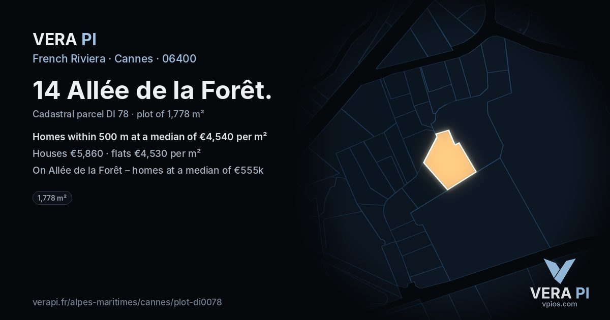 14 Allée de la Forêt, Cannes at night – the plot lit, the parcels around coloured by the prices near them
