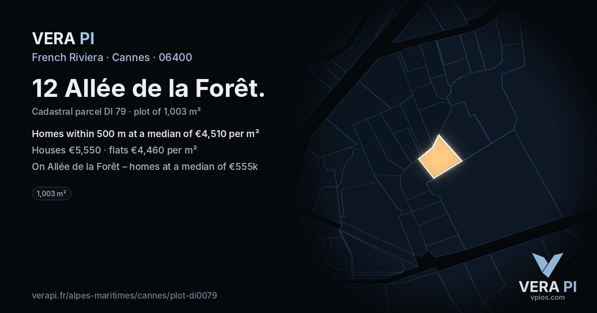 12 Allée de la Forêt, Cannes at night – the plot lit, the parcels around coloured by the prices near them
