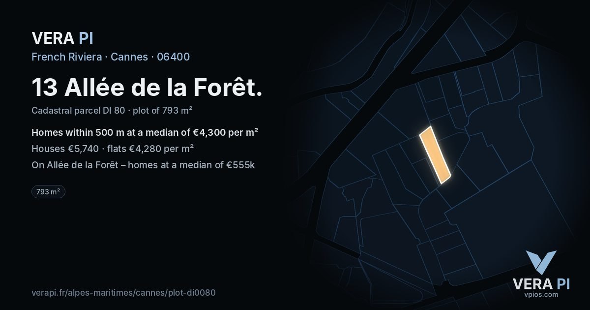 13 Allée de la Forêt, Cannes at night – the plot lit, the parcels around coloured by the prices near them