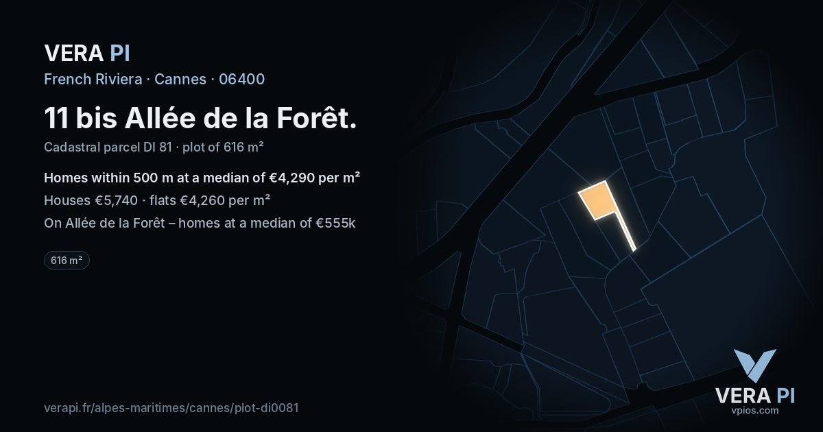11 bis Allée de la Forêt, Cannes at night – the plot lit, the parcels around coloured by the prices near them
