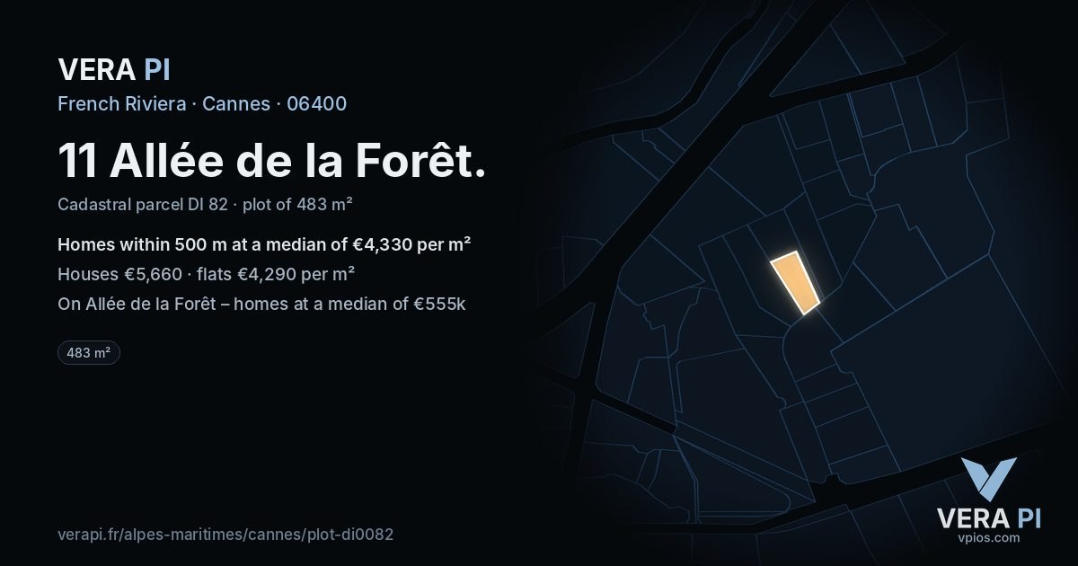 11 Allée de la Forêt, Cannes at night – the plot lit, the parcels around coloured by the prices near them