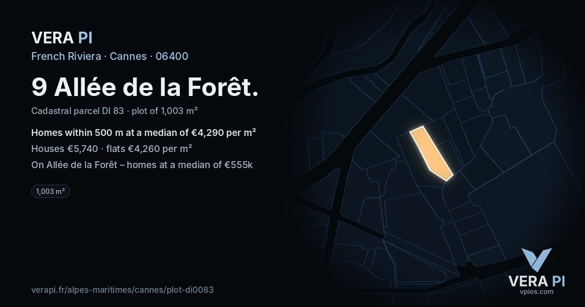 9 Allée de la Forêt, Cannes at night – the plot lit, the parcels around coloured by the prices near them