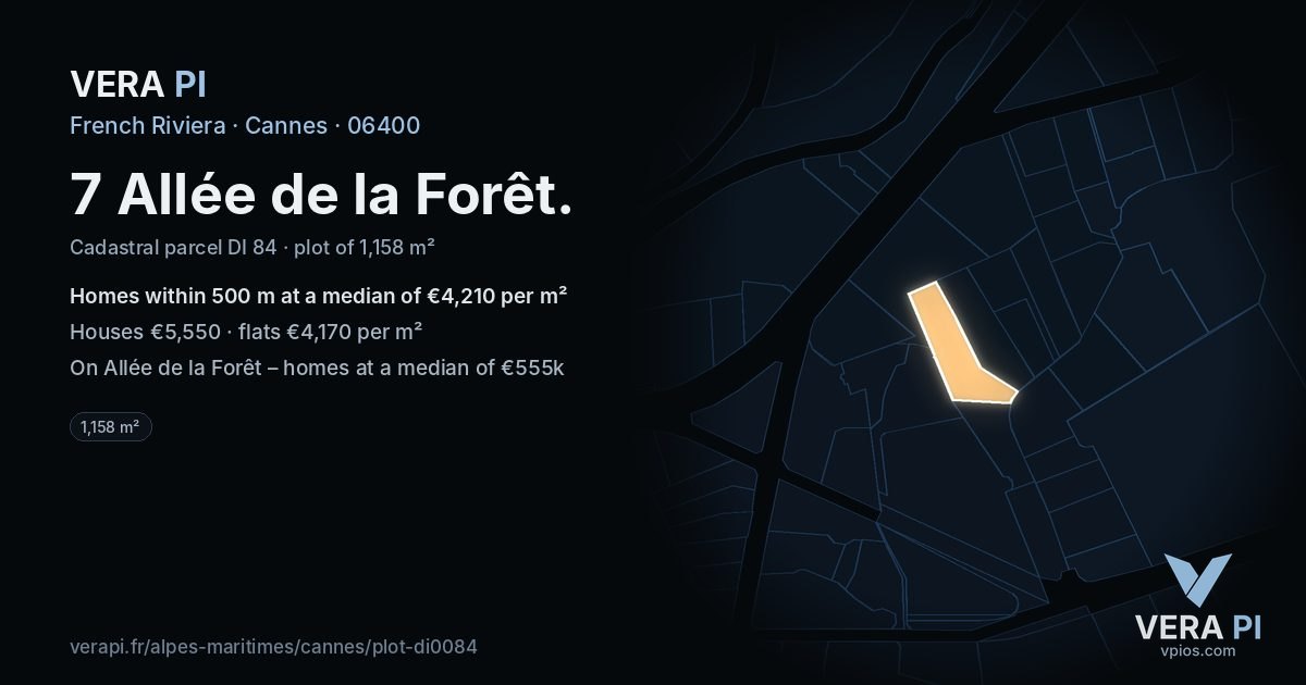 7 Allée de la Forêt, Cannes at night – the plot lit, the parcels around coloured by the prices near them
