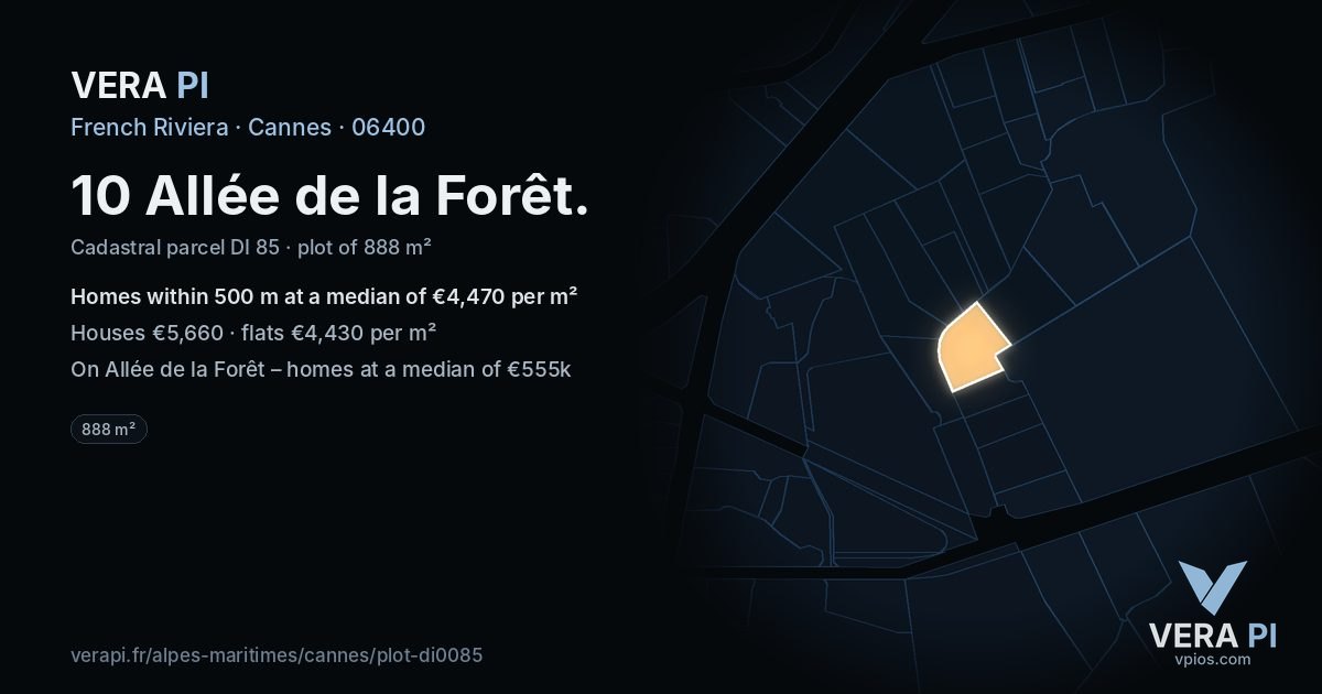 10 Allée de la Forêt, Cannes at night – the plot lit, the parcels around coloured by the prices near them