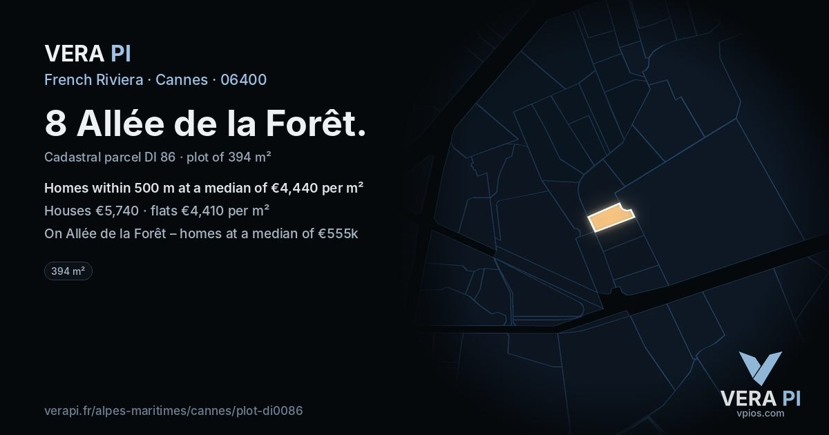8 Allée de la Forêt, Cannes at night – the plot lit, the parcels around coloured by the prices near them