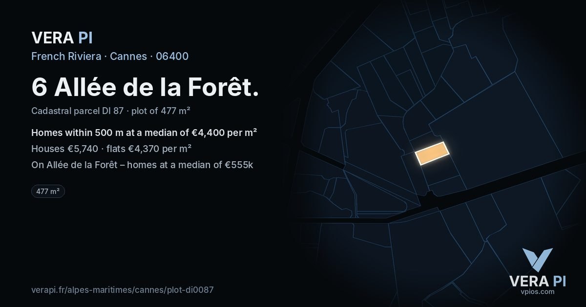 6 Allée de la Forêt, Cannes at night – the plot lit, the parcels around coloured by the prices near them