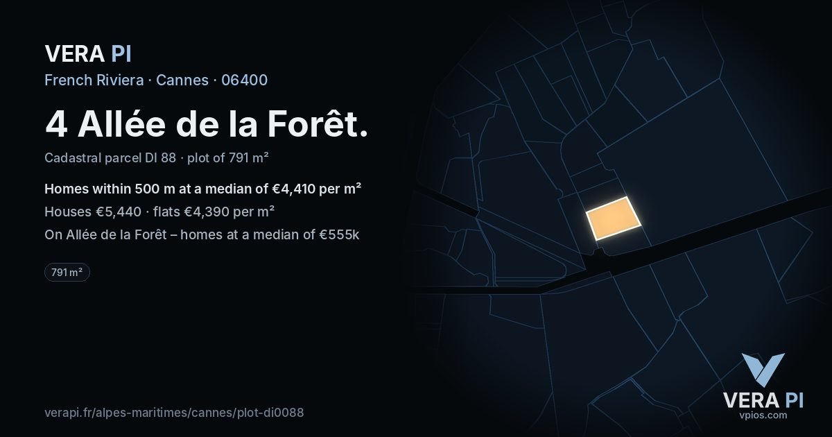 4 Allée de la Forêt, Cannes at night – the plot lit, the parcels around coloured by the prices near them