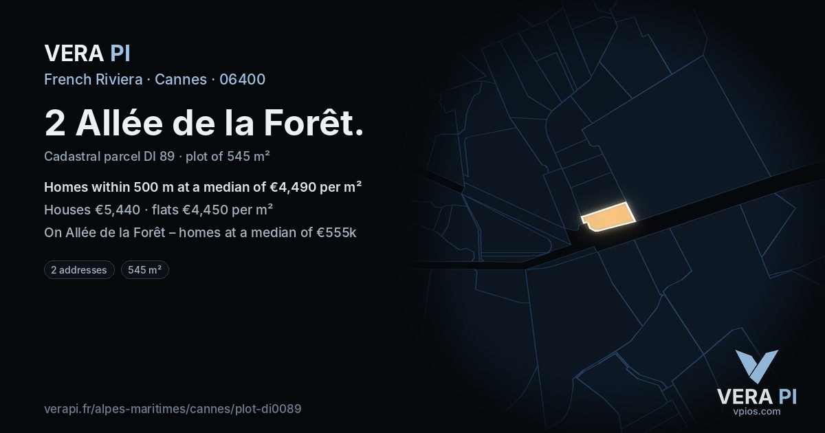 2 Allée de la Forêt, Cannes at night – the plot lit, the parcels around coloured by the prices near them