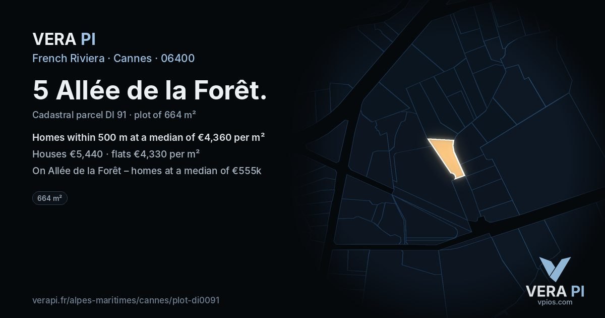 5 Allée de la Forêt, Cannes at night – the plot lit, the parcels around coloured by the prices near them