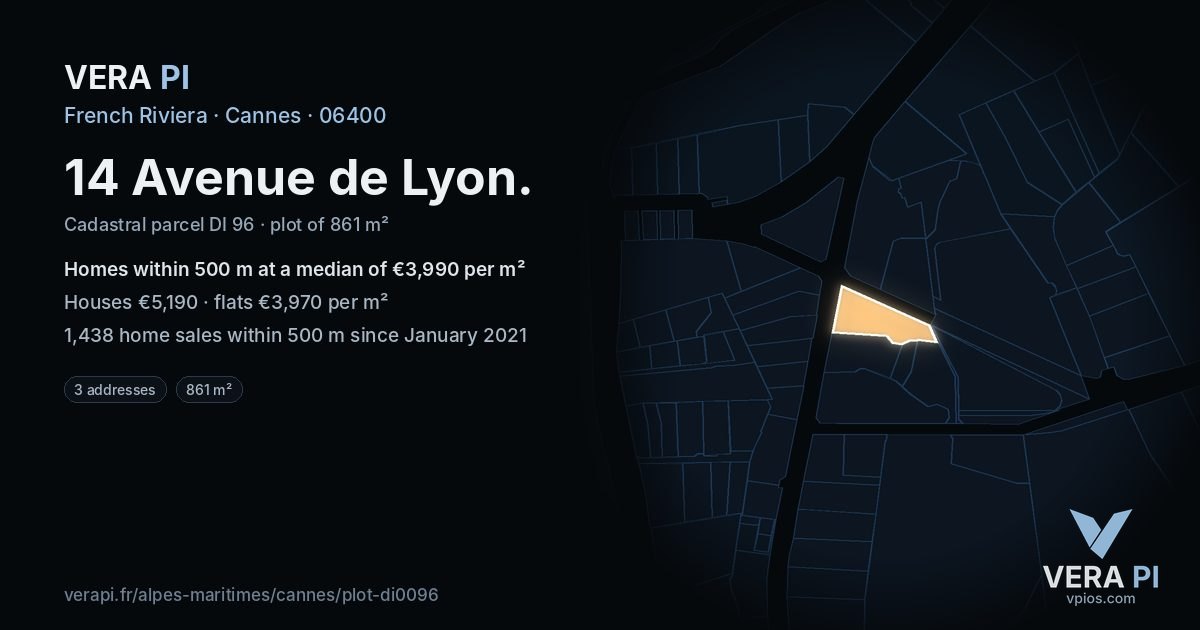 14 Avenue de Lyon, Cannes at night – the plot lit, the parcels around coloured by the prices near them