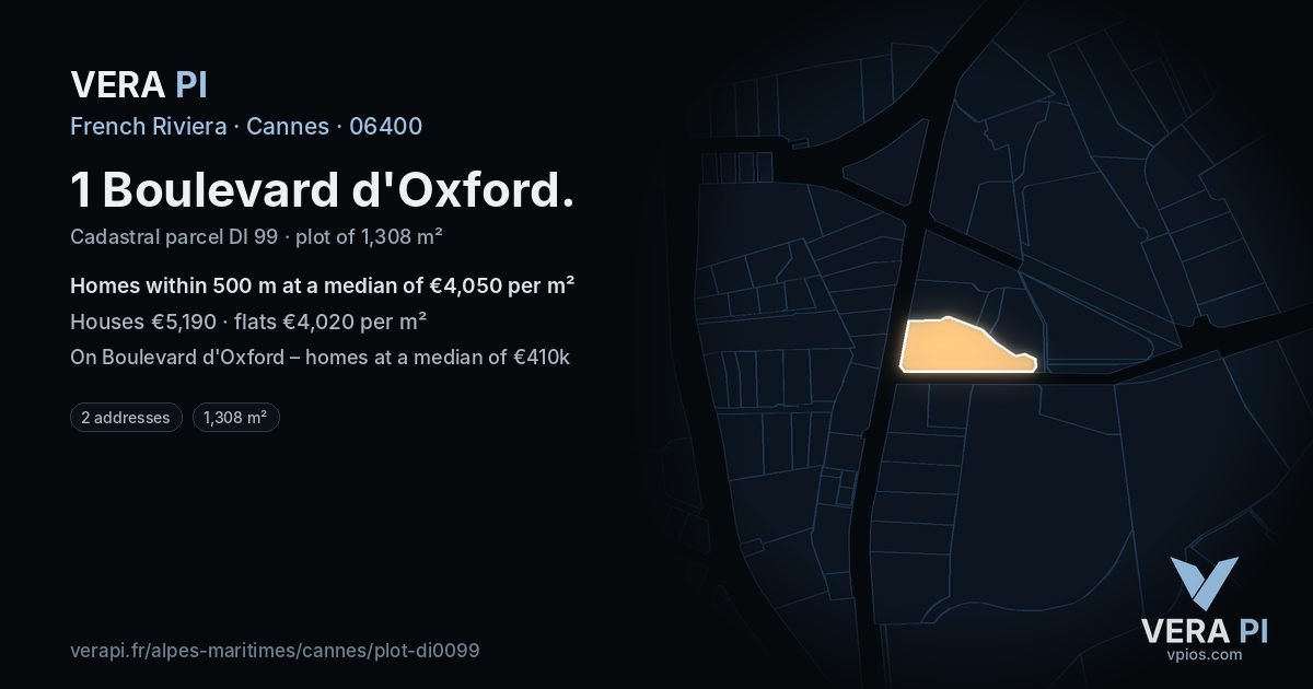 1 Boulevard d'Oxford, Cannes at night – the plot lit, the parcels around coloured by the prices near them