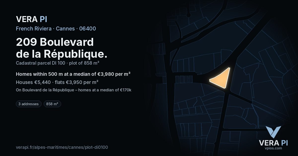 209 Boulevard de la République, Cannes at night – the plot lit, the parcels around coloured by the prices near them