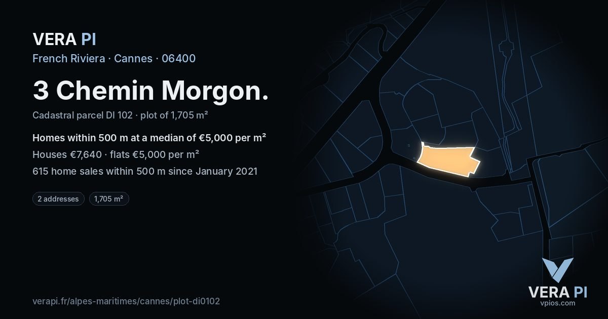 3 Chemin Morgon, Cannes at night – the plot lit, the parcels around coloured by the prices near them