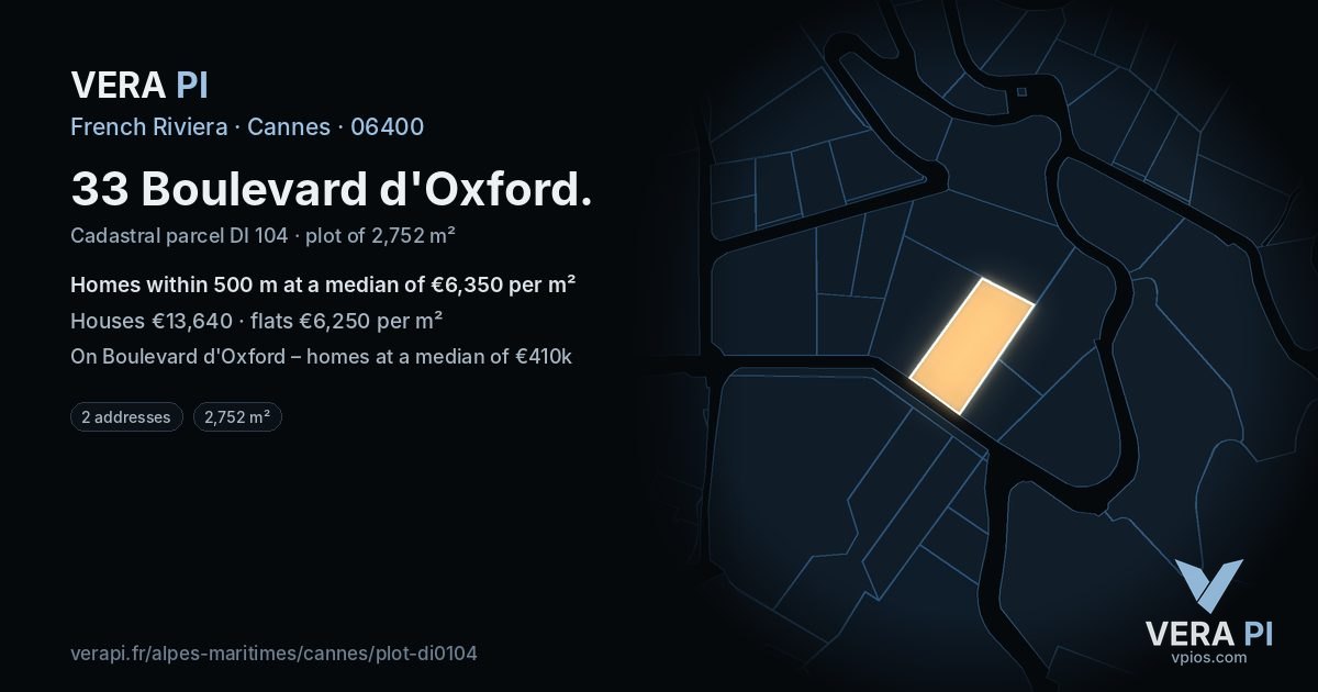 33 Boulevard d'Oxford, Cannes at night – the plot lit, the parcels around coloured by the prices near them