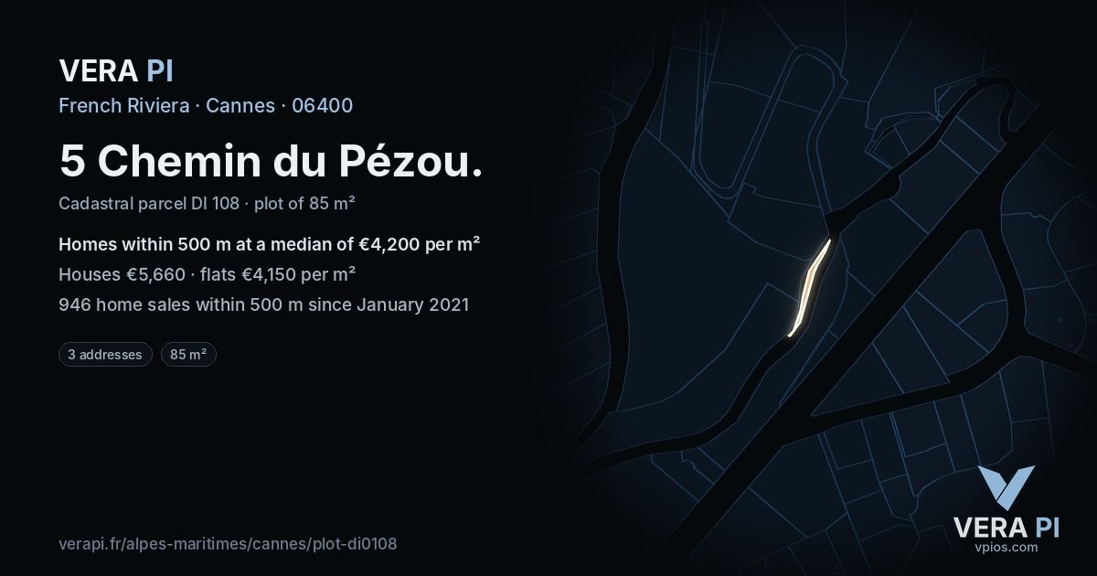 5 Chemin du Pézou, Cannes at night – the plot lit, the parcels around coloured by the prices near them