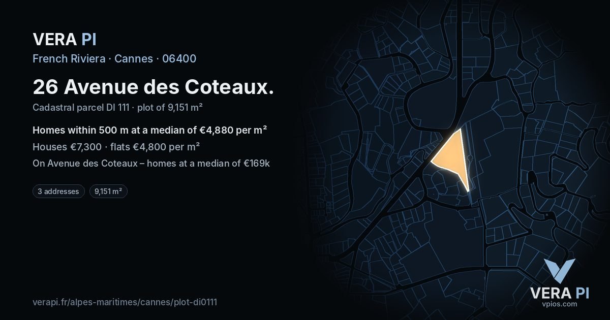 26 Avenue des Coteaux, Cannes at night – the plot lit, the parcels around coloured by the prices near them