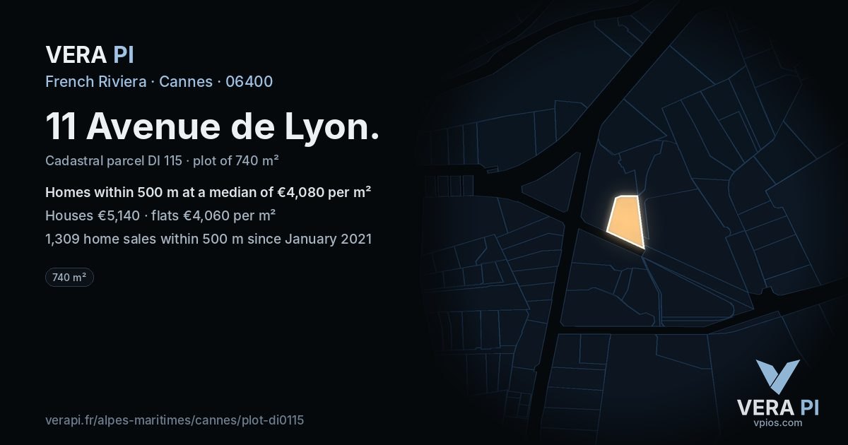11 Avenue de Lyon, Cannes at night – the plot lit, the parcels around coloured by the prices near them