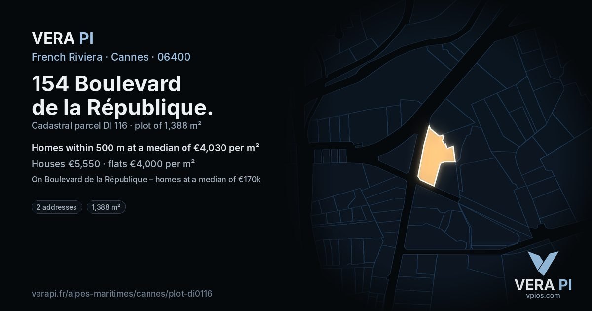 154 Boulevard de la République, Cannes at night – the plot lit, the parcels around coloured by the prices near them