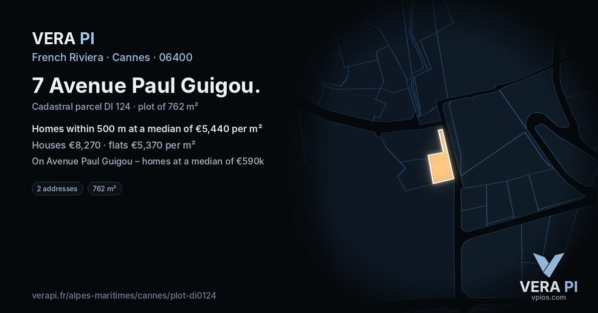 7 Avenue Paul Guigou, Cannes at night – the plot lit, the parcels around coloured by the prices near them