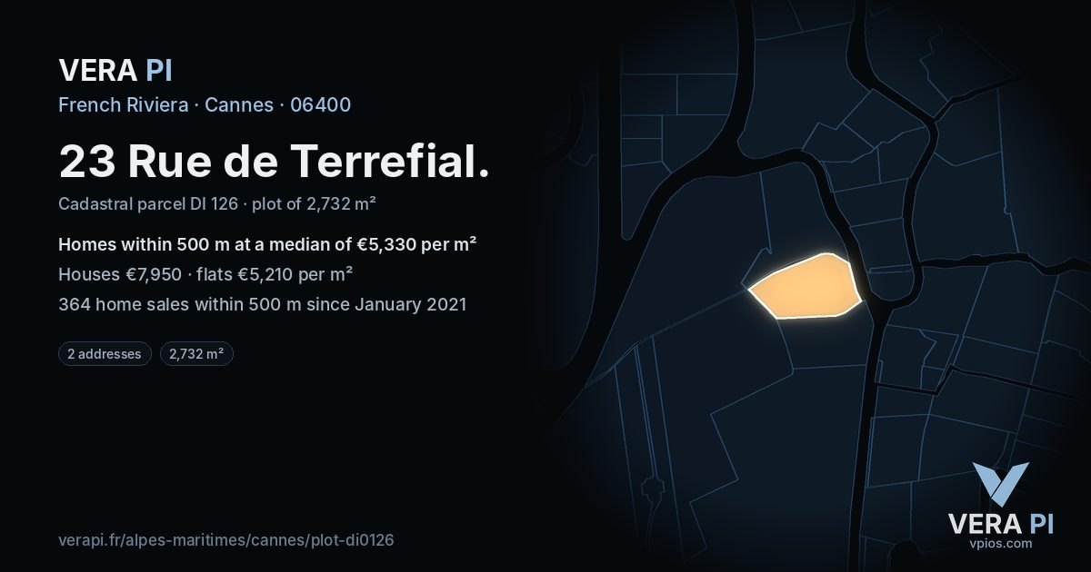 23 Rue de Terrefial, Cannes at night – the plot lit, the parcels around coloured by the prices near them