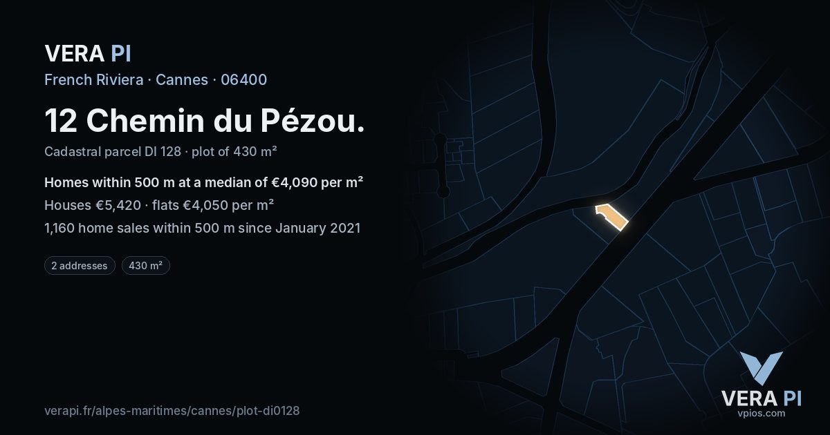 12 Chemin du Pézou, Cannes at night – the plot lit, the parcels around coloured by the prices near them