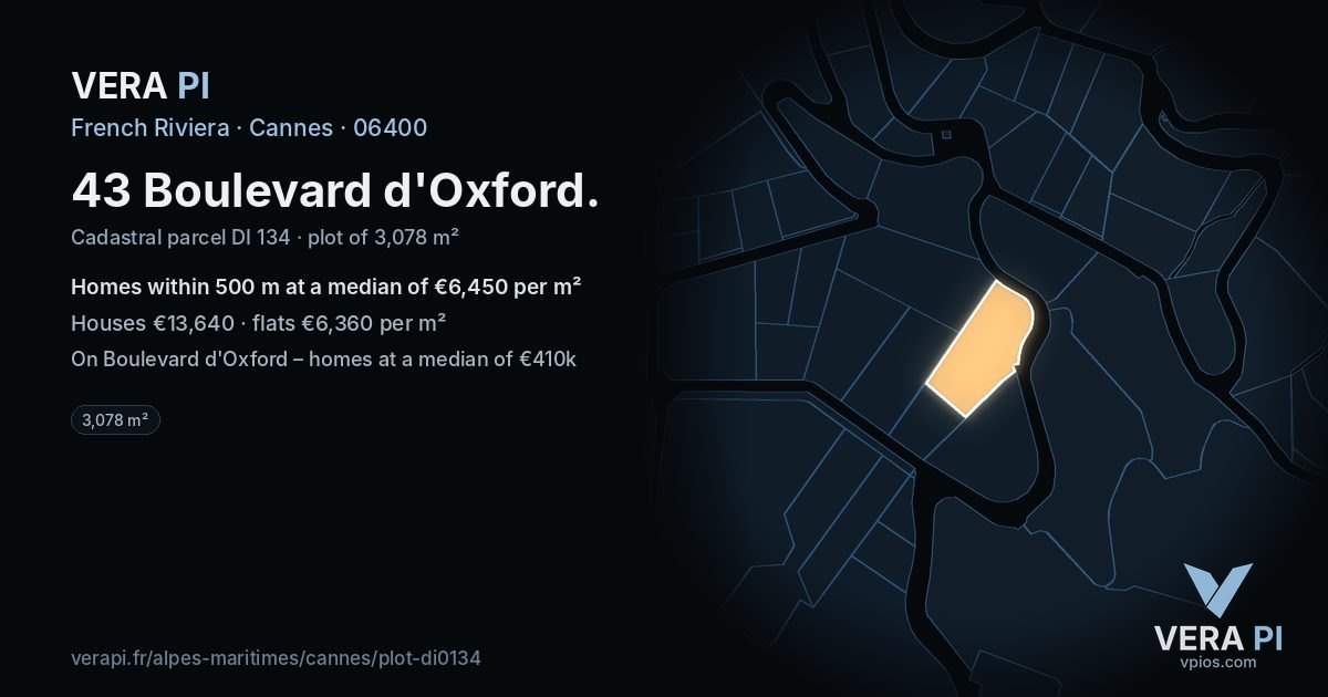 43 Boulevard d'Oxford, Cannes at night – the plot lit, the parcels around coloured by the prices near them