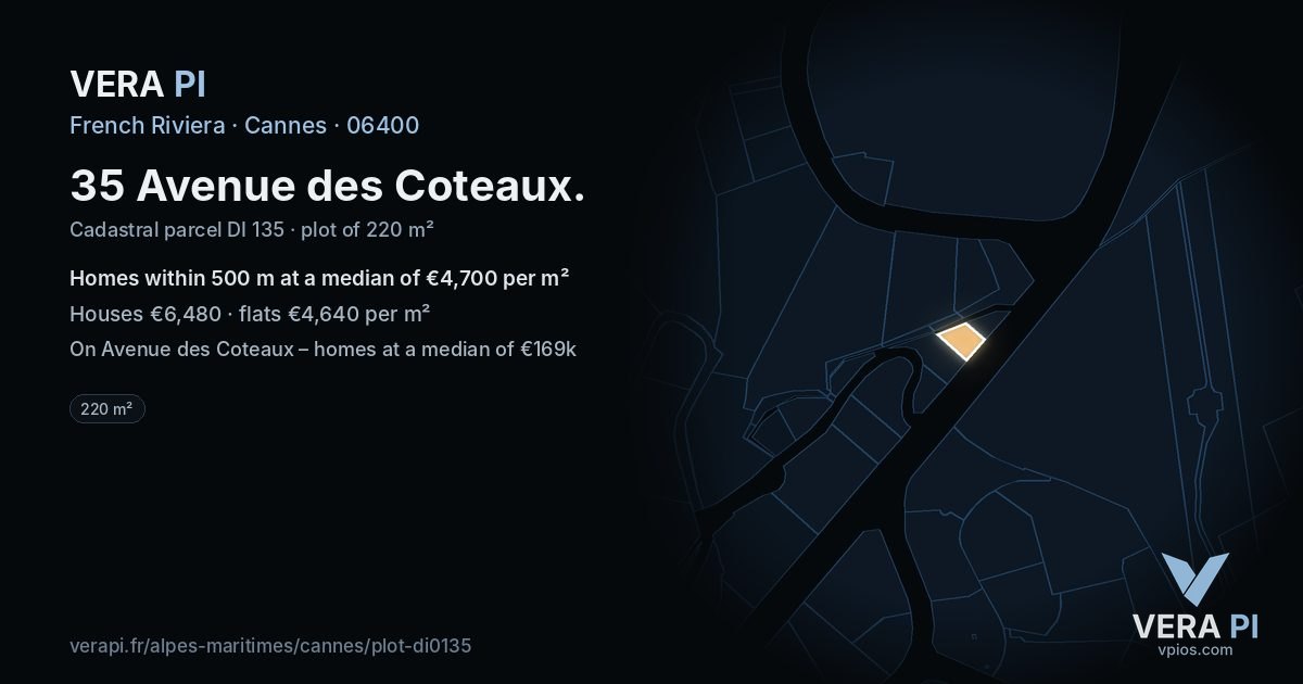 35 Avenue des Coteaux, Cannes at night – the plot lit, the parcels around coloured by the prices near them