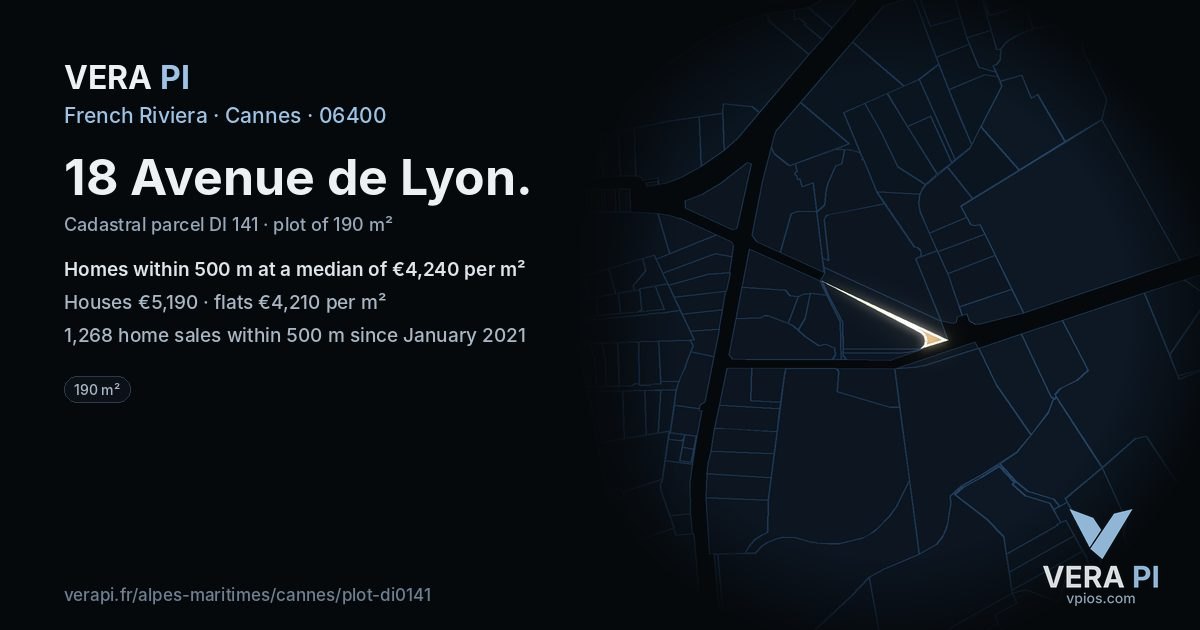 18 Avenue de Lyon, Cannes at night – the plot lit, the parcels around coloured by the prices near them