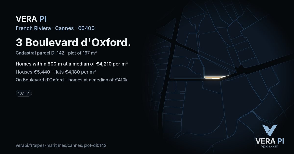 3 Boulevard d'Oxford, Cannes at night – the plot lit, the parcels around coloured by the prices near them