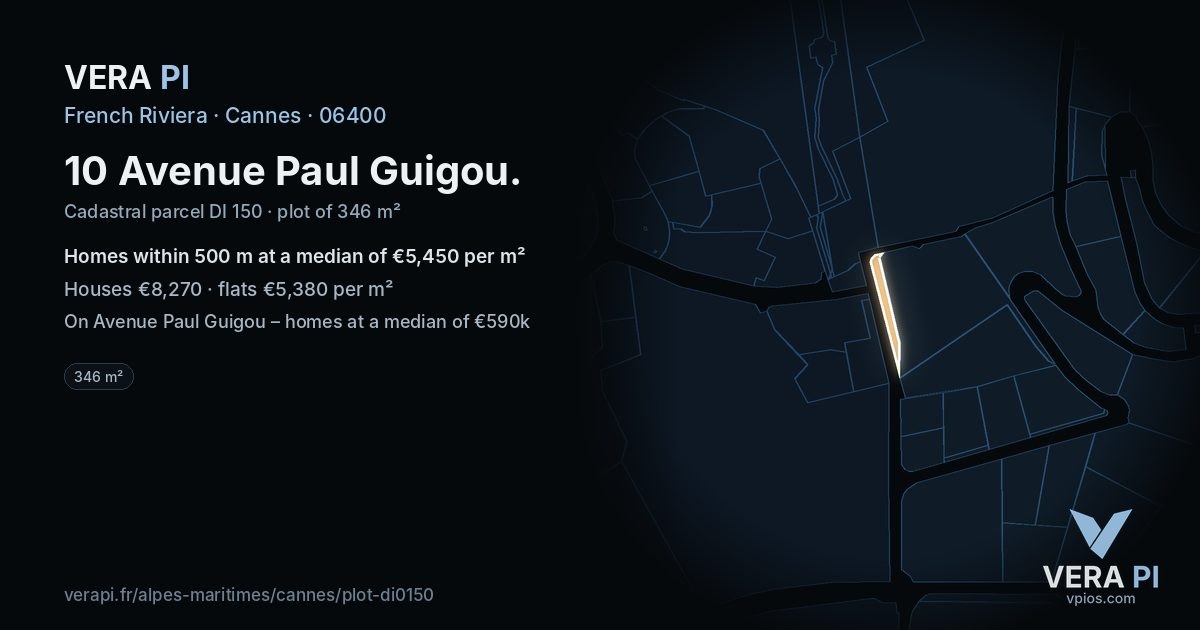 10 Avenue Paul Guigou, Cannes at night – the plot lit, the parcels around coloured by the prices near them