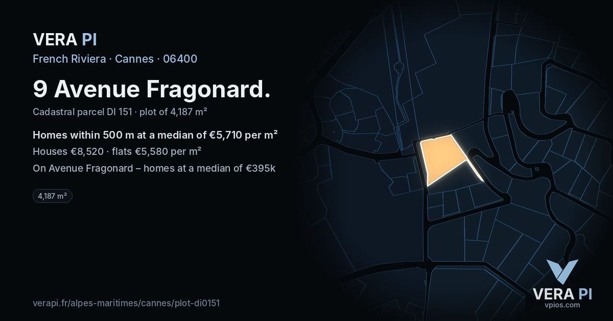 9 Avenue Fragonard, Cannes at night – the plot lit, the parcels around coloured by the prices near them