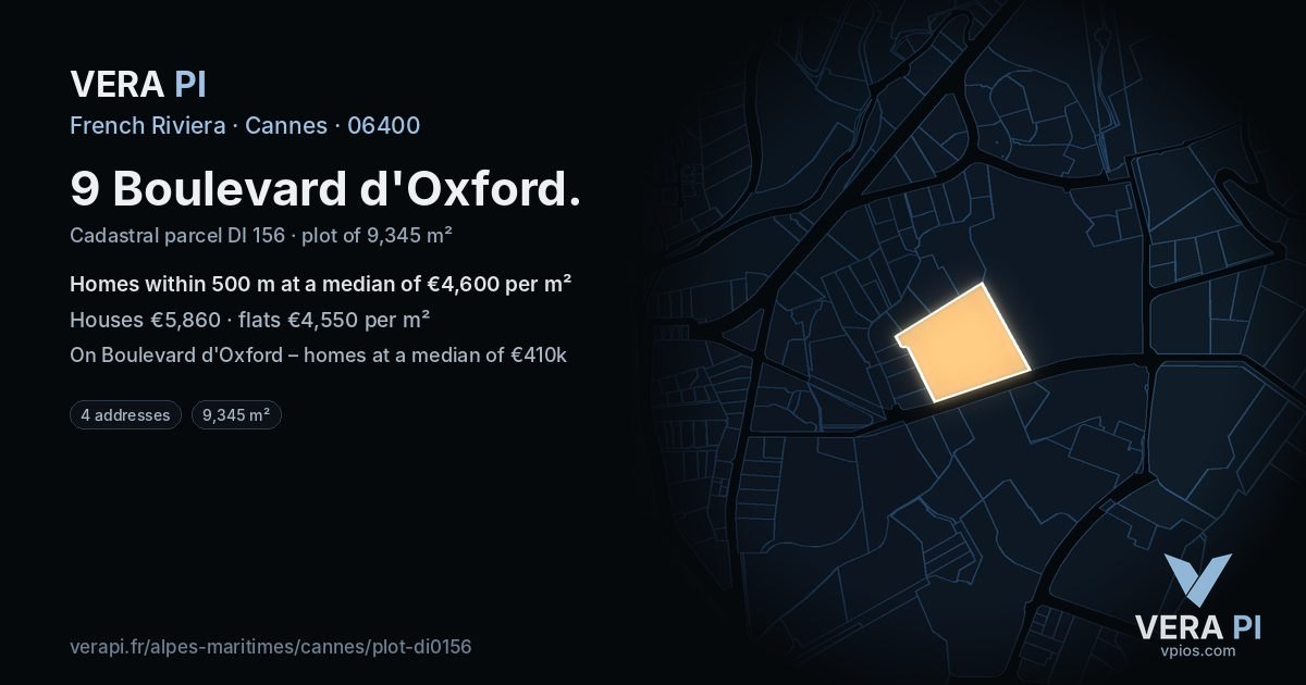 9 Boulevard d'Oxford, Cannes at night – the plot lit, the parcels around coloured by the prices near them
