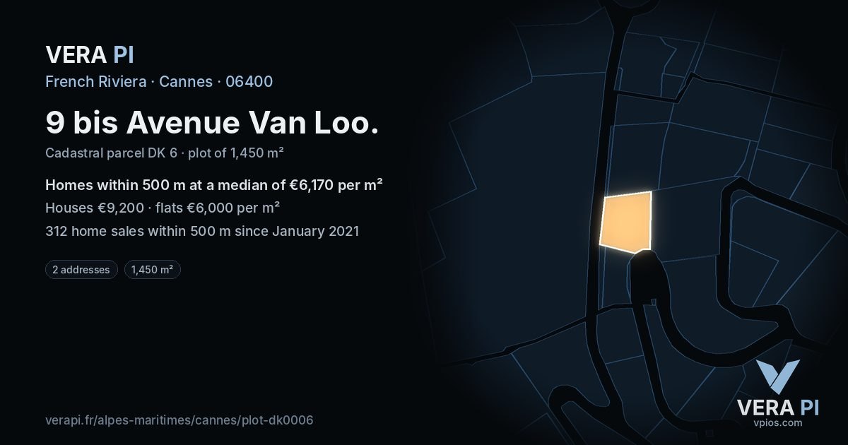 9 bis Avenue Van Loo, Cannes at night – the plot lit, the parcels around coloured by the prices near them