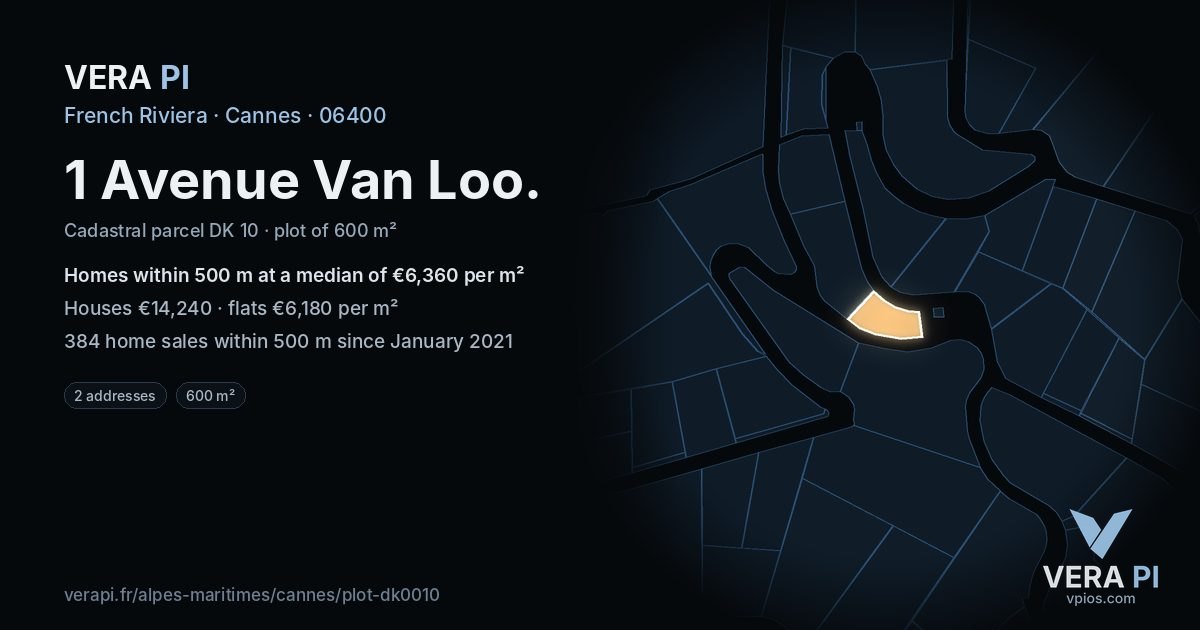 1 Avenue Van Loo, Cannes at night – the plot lit, the parcels around coloured by the prices near them