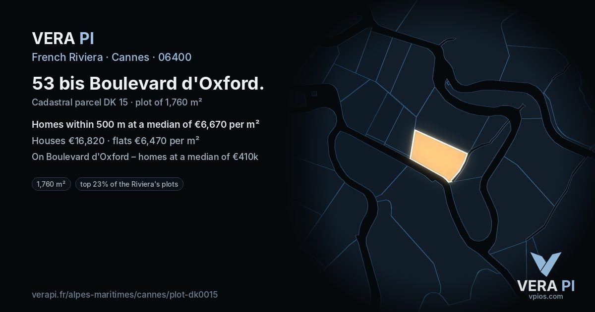 53 bis Boulevard d'Oxford, Cannes at night – the plot lit, the parcels around coloured by the prices near them