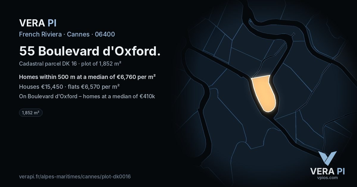 55 Boulevard d'Oxford, Cannes at night – the plot lit, the parcels around coloured by the prices near them
