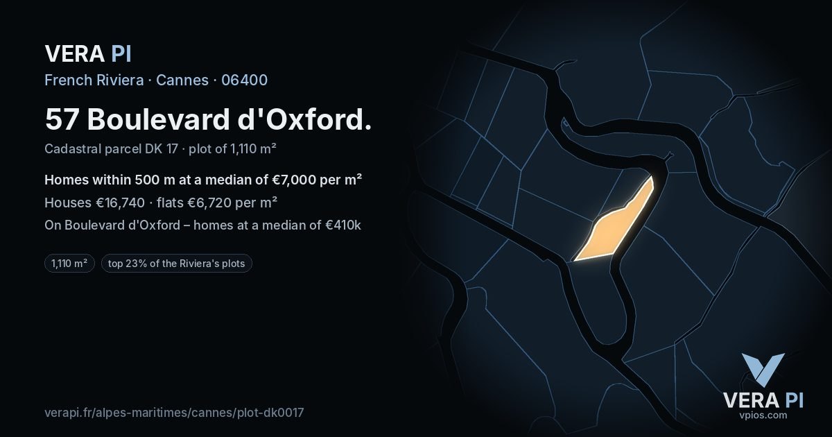 57 Boulevard d'Oxford, Cannes at night – the plot lit, the parcels around coloured by the prices near them