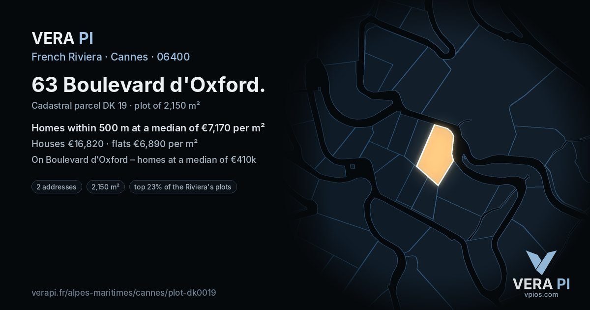 63 Boulevard d'Oxford, Cannes at night – the plot lit, the parcels around coloured by the prices near them