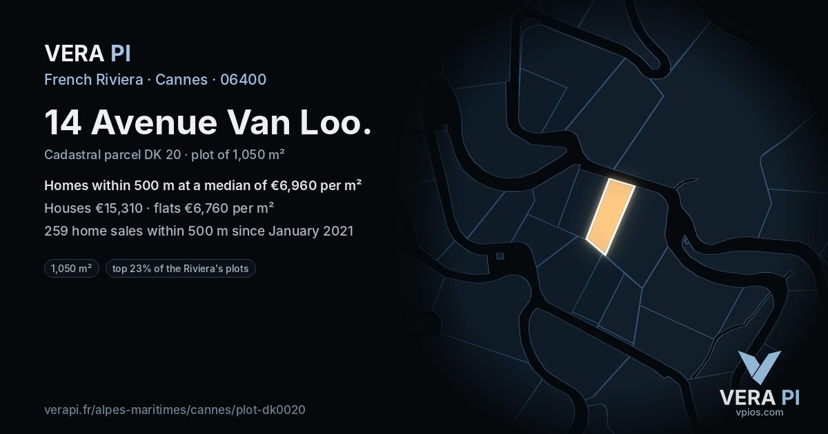 14 Avenue Van Loo, Cannes at night – the plot lit, the parcels around coloured by the prices near them