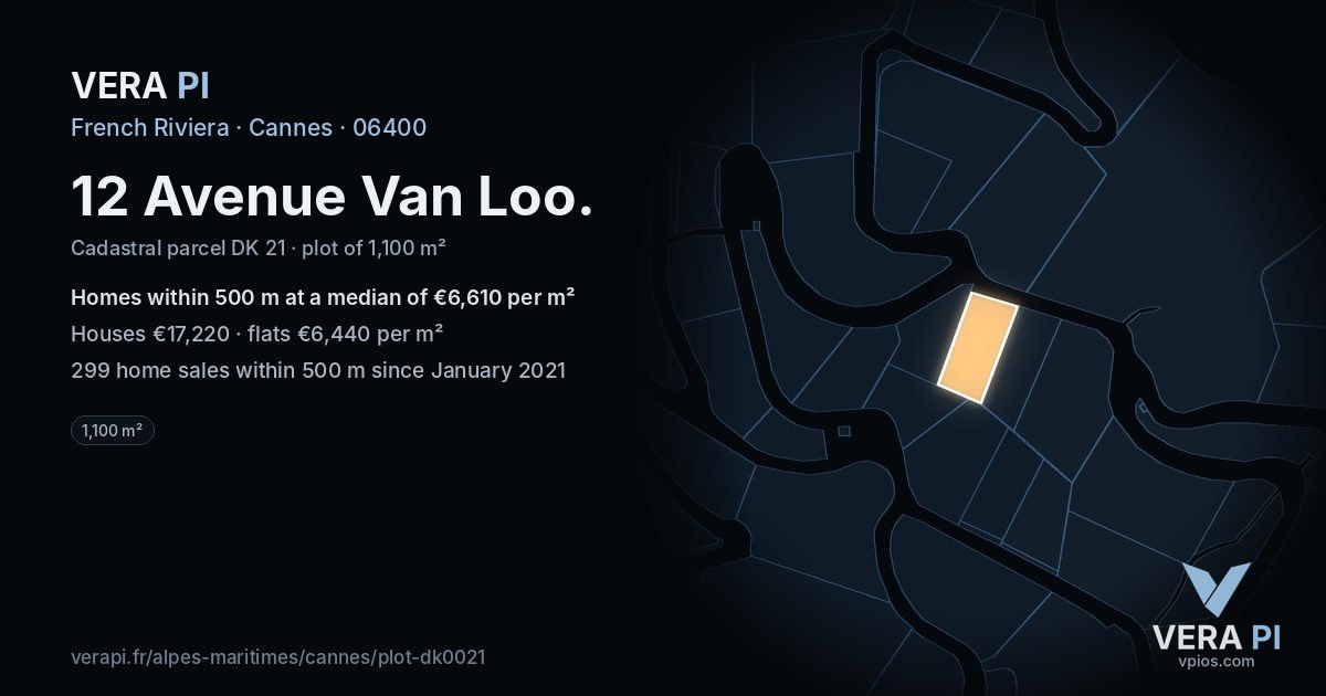 12 Avenue Van Loo, Cannes at night – the plot lit, the parcels around coloured by the prices near them