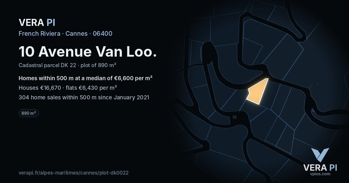 10 Avenue Van Loo, Cannes at night – the plot lit, the parcels around coloured by the prices near them