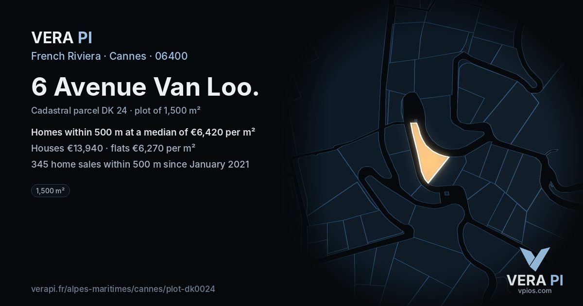 6 Avenue Van Loo, Cannes at night – the plot lit, the parcels around coloured by the prices near them