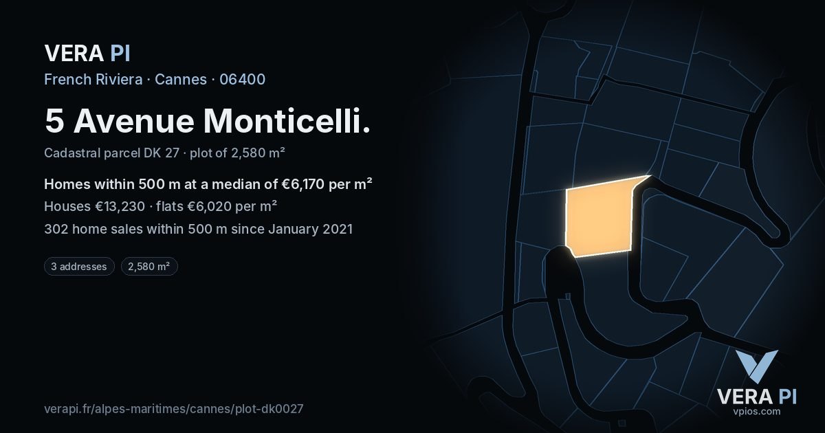 5 Avenue Monticelli, Cannes at night – the plot lit, the parcels around coloured by the prices near them