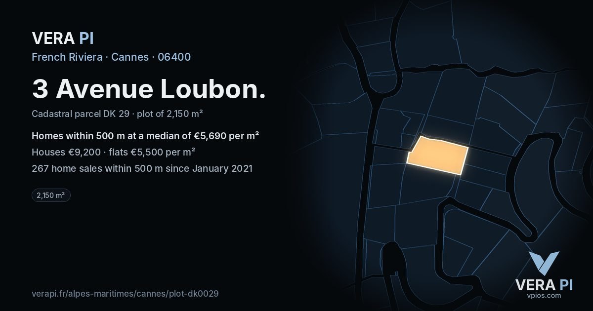 3 Avenue Loubon, Cannes at night – the plot lit, the parcels around coloured by the prices near them