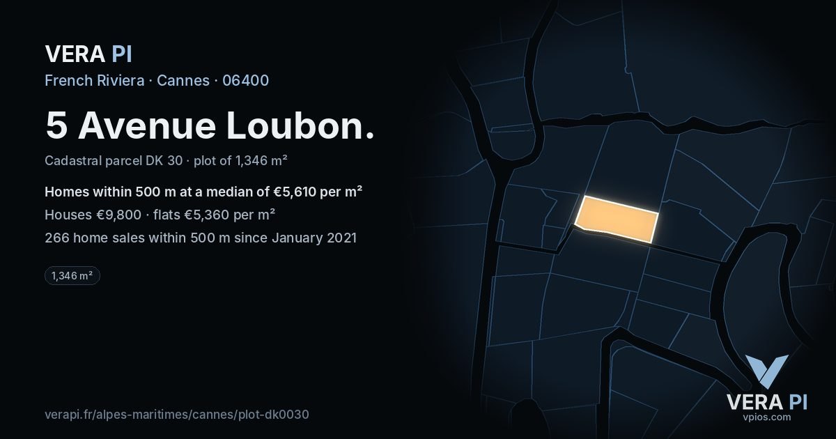 5 Avenue Loubon, Cannes at night – the plot lit, the parcels around coloured by the prices near them