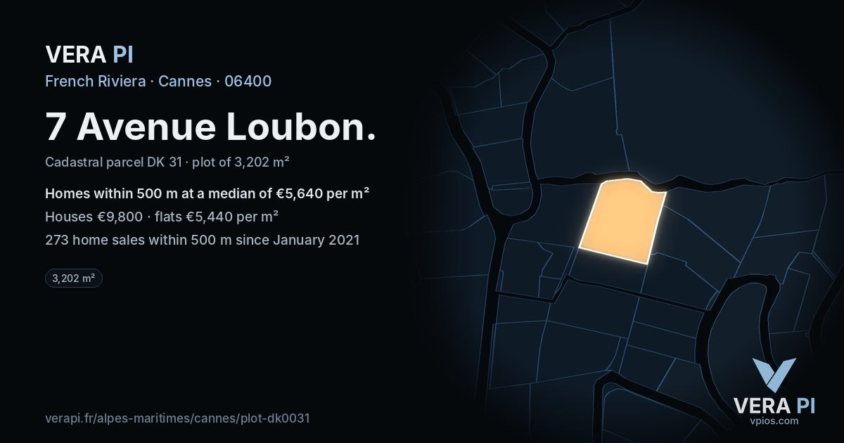 7 Avenue Loubon, Cannes at night – the plot lit, the parcels around coloured by the prices near them