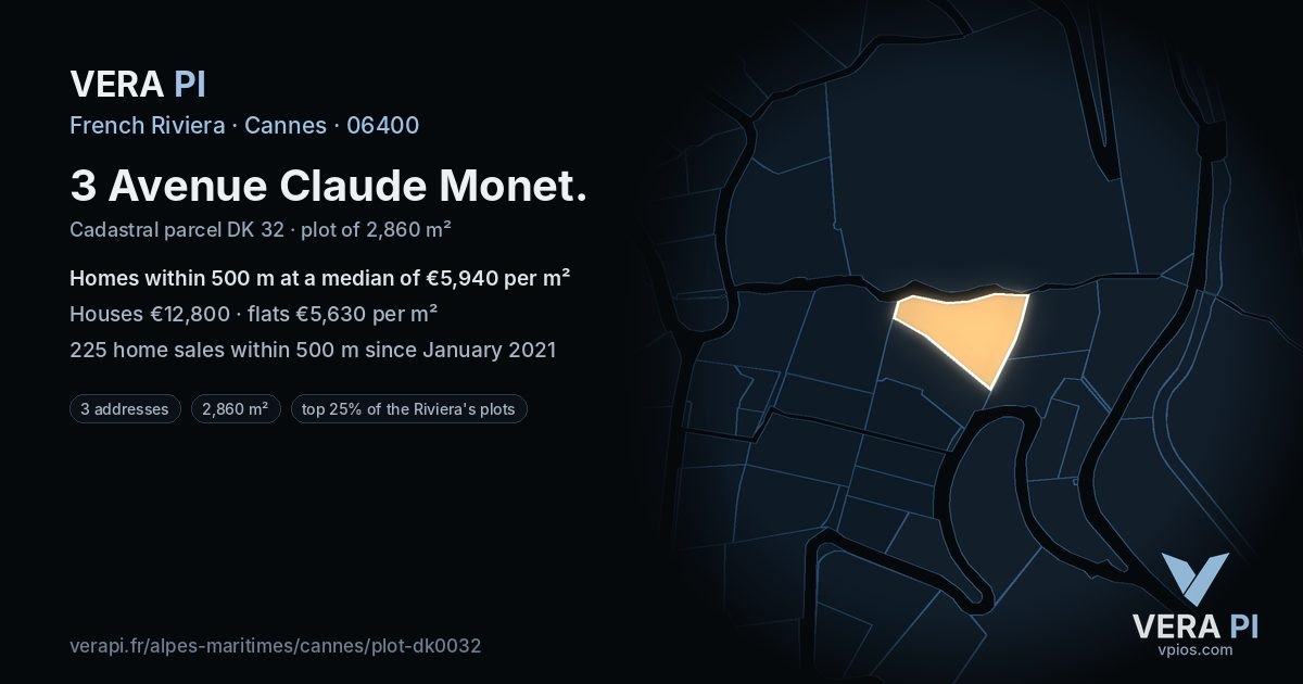 3 Avenue Claude Monet, Cannes at night – the plot lit, the parcels around coloured by the prices near them